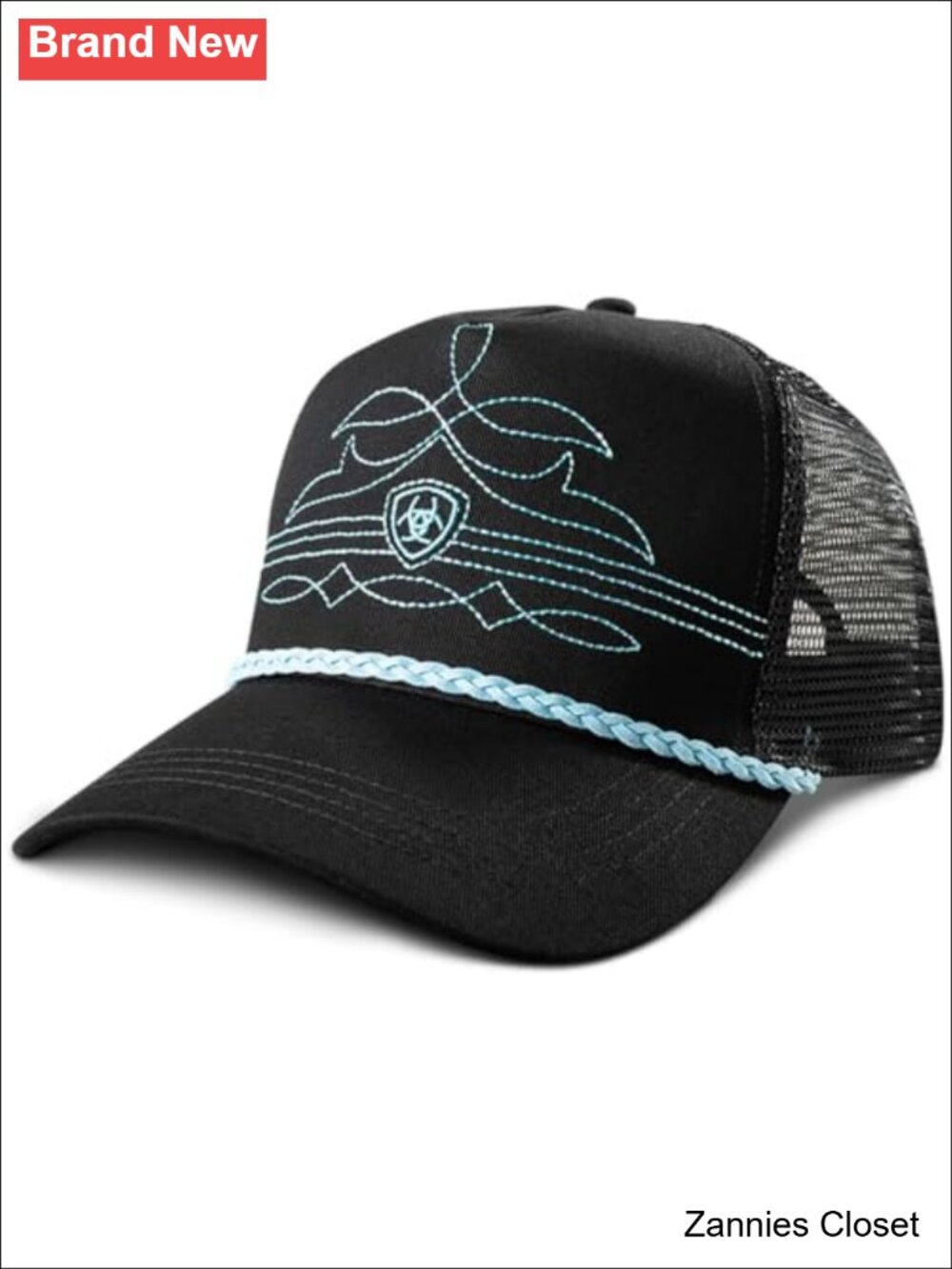 🤠 Ariat Ponyflo Snap Back Rope Boot Stitch Turquoise 5 Panel Structured Cap